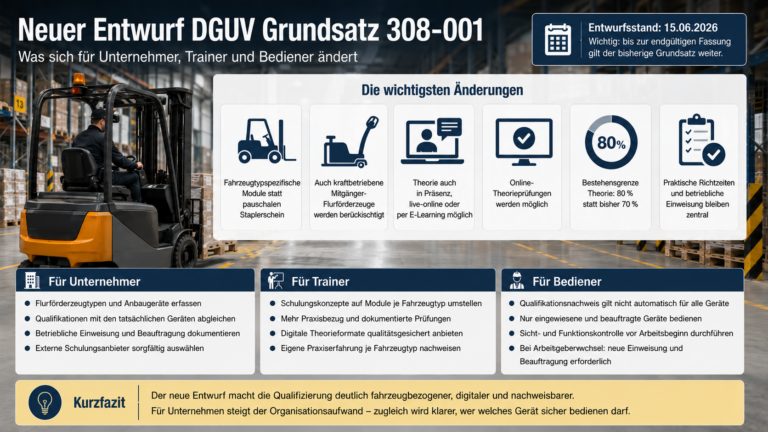 Neuer Entwurf des DGUV Grundsatzes 308-001: Das ändert sich bei der Qualifizierung von Staplerfahrern
